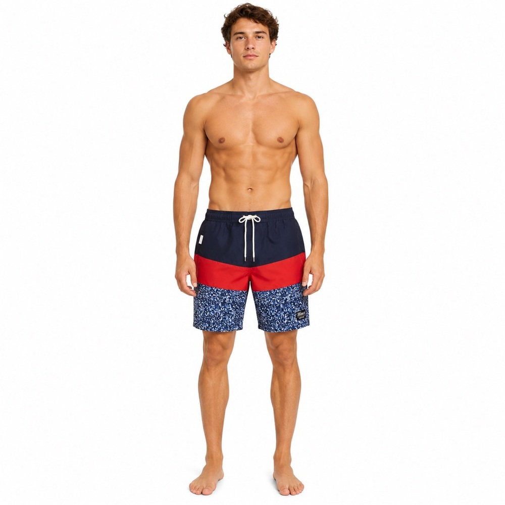 TESLA Mens Waves Surfista Rugby Navy Red Stripe Lined Swim Trunks NWOT Sz Large